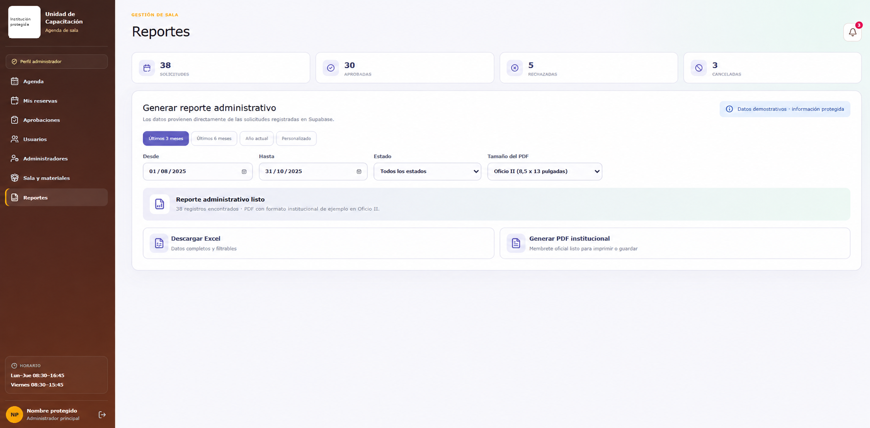 Reportes: captura anonimizada con datos demostrativos e información protegida